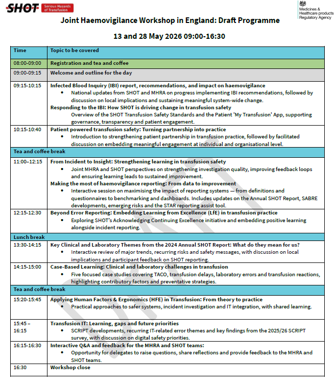 An image of the draft programme for the 2026 joint SHOT and MHR haemovigilance workshops. Click on the image to open a pdf file of the programme.
