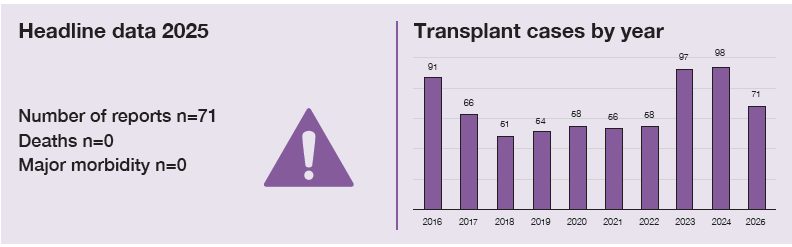 Infographic summarising transplant-related haemovigilance reports in 2025. There were 71 reports, with no deaths and no cases of major morbidity. A bar chart shows transplant cases by year from 2016 to 2025, ranging from 61 to 98 reports annually. After peaking at 98 reports in 2024, the number of reports fell to 71 in 2025.