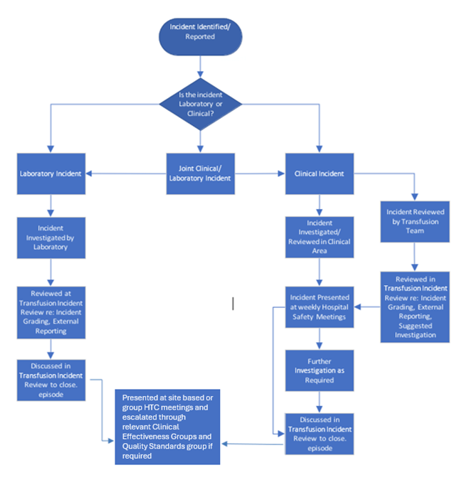 Blue flowchart describing transfusion incident management. The process begins with “Incident Identified/Reported” and a decision point asking “Is the incident Laboratory or Clinical?”. Incidents are directed to one of three categories: Laboratory Incident, Joint Clinical/Laboratory Incident, or Clinical Incident. Laboratory incidents are investigated by the laboratory, reviewed through the Transfusion Incident Review process for incident grading and external reporting, then discussed to close the episode. Clinical incidents are investigated and reviewed in the clinical area, presented at weekly hospital safety meetings, undergo further investigation when required, and are discussed in the Transfusion Incident Review process to close the episode. Clinical incidents may also be reviewed by the transfusion team and assessed for grading, external reporting, and suggested investigations. Learning and outcomes from reviews are presented at site-based or group HTC meetings and escalated through Clinical Effectiveness Groups and Quality Standards groups as required.