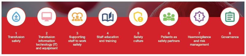 Diagram titled ‘The core domains of the SHOT Transfusion Safety Standards’. Eight circular icons represent key domains: 1) transfusion safety, 2) transfusion information technology and equipment, 3) supporting staff to work safely, 4) staff education and training, 5) safety culture, 6) patients as safety partners, 7) haemovigilance and risk management, and 8) governance. The icons are arranged horizontally on a red background to show the full framework.