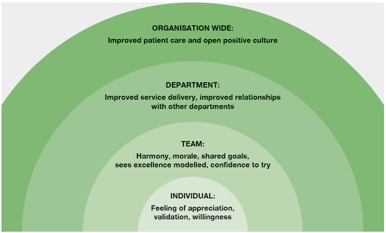 Diagram titled ‘Learning from excellence: the ripple effect on practice’, showing four concentric layers. The centre represents the individual, highlighting appreciation, validation, and willingness. Surrounding layers show team benefits such as morale and shared goals, departmental improvements in service and relationships, and organisation-wide impact including improved patient care and a positive culture.