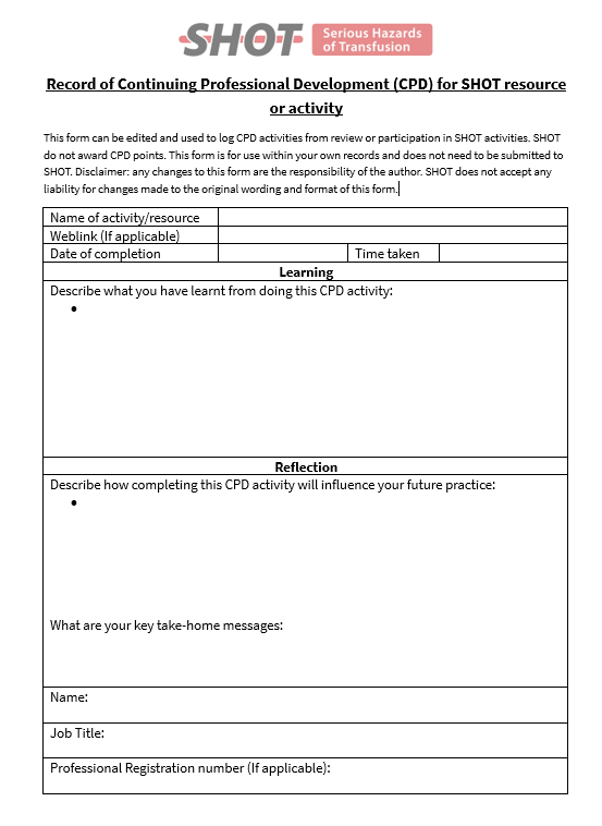 Image of SHOT record of continuing professional development form